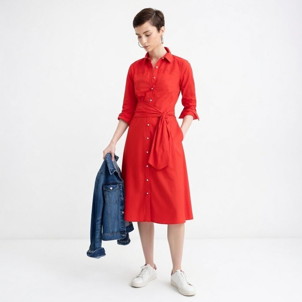 NWT J.Crew Bright Cerise Red Tie Waist Cotton Poplin Button Down Shirt Dress 0